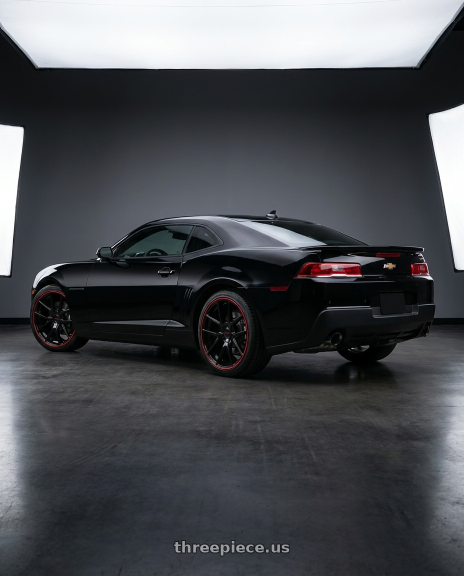 2015 Chevrolet Camaro SS Coupe with TOUREN TR60 3260 5x112/5x120 20x8.5 +40 GLOSS BLACK WITH RED RING wheels rear three quarter view square tires