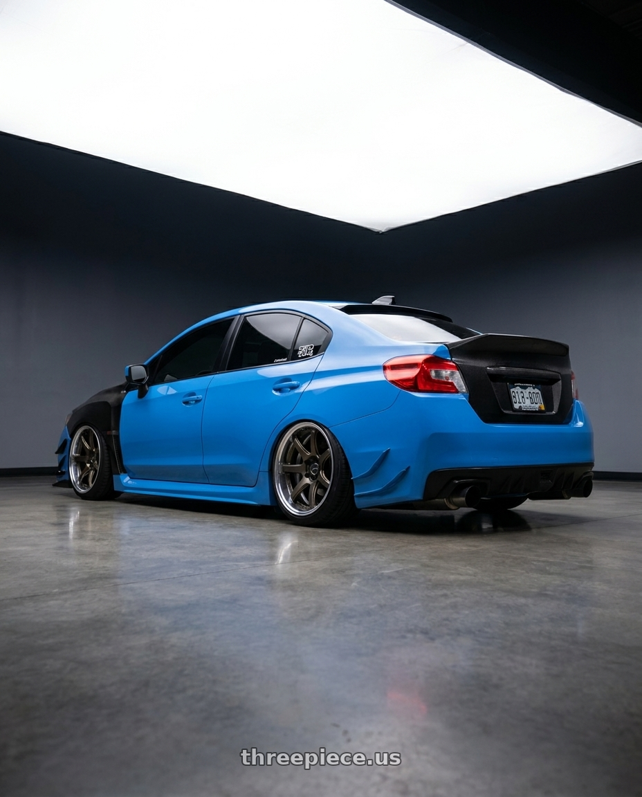 2015 subaru wrx with Work Emotion T7R 2P wheels rear three quarter view square tires