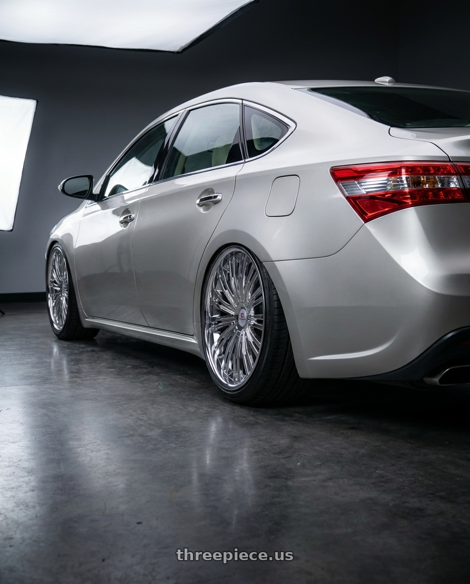 2013 toyota avalon with Cavallo CLV-48 5x114.3/5x120 20x8.5 +35 Nano Chrome wheels rear three quarter view extreme stretch tires