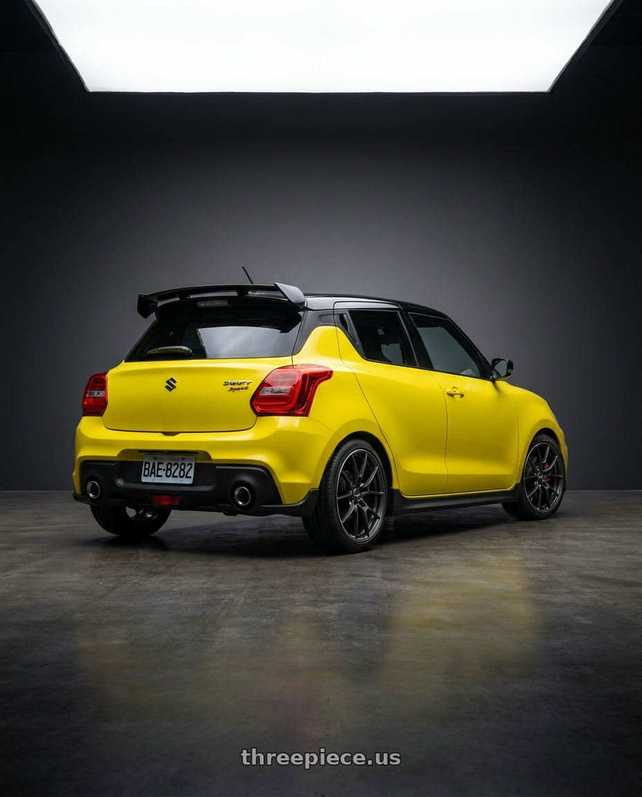 2018 swift sport with Volk Racing G025 5x114.3 18x8.0+35 Matte Gunblack / Rim Edge DC wheels rear three quarter view square tires