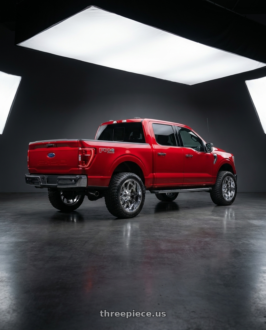 2025 ford f150 XLT supercrew with FULL THROTTLE FT11 6x135/6x139.7 20x10-24 CHROME wheels rear three quarter view meaty tires