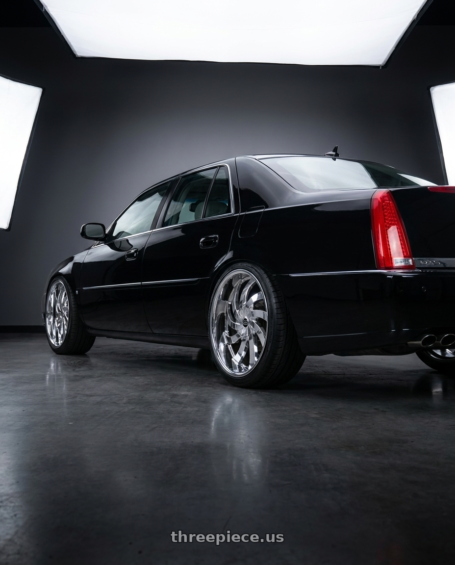 2009 cadillac dts platinum black with Strada FLAME 5x114.3 / 5x120 20x8.5 35MM Chrome wheels rear three quarter view extreme stretch tires