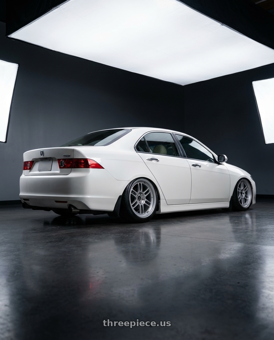 2005 Acura tsx with Enkei RPF1 5x114.3 17x9+35 Silver wheels rear three quarter view slight stretch tires
