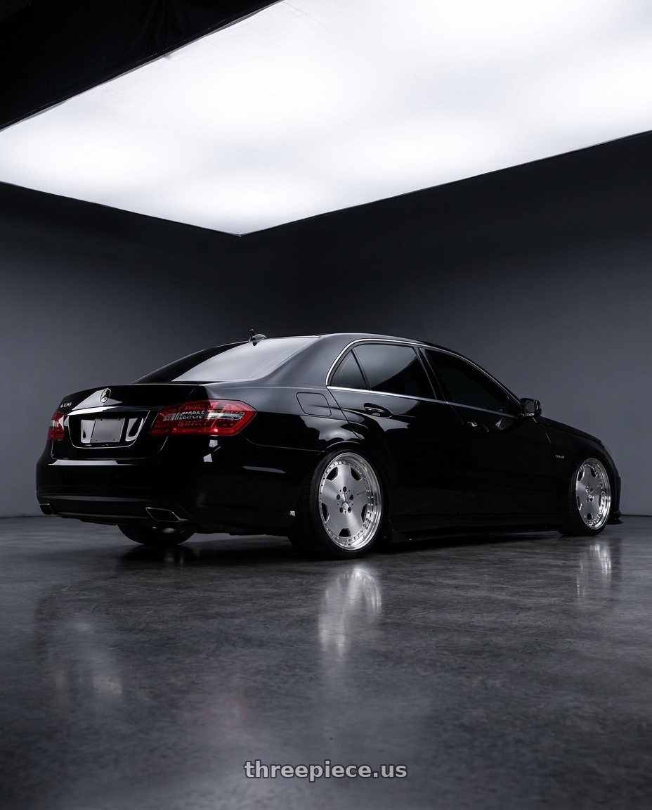 2012 Mercedes e350 with Advan Racing GT BEYOND 5x120 19x10.5 +34 MACHINING & HYPER PLATINUM BLACK wheels rear three quarter view slight stretch tires