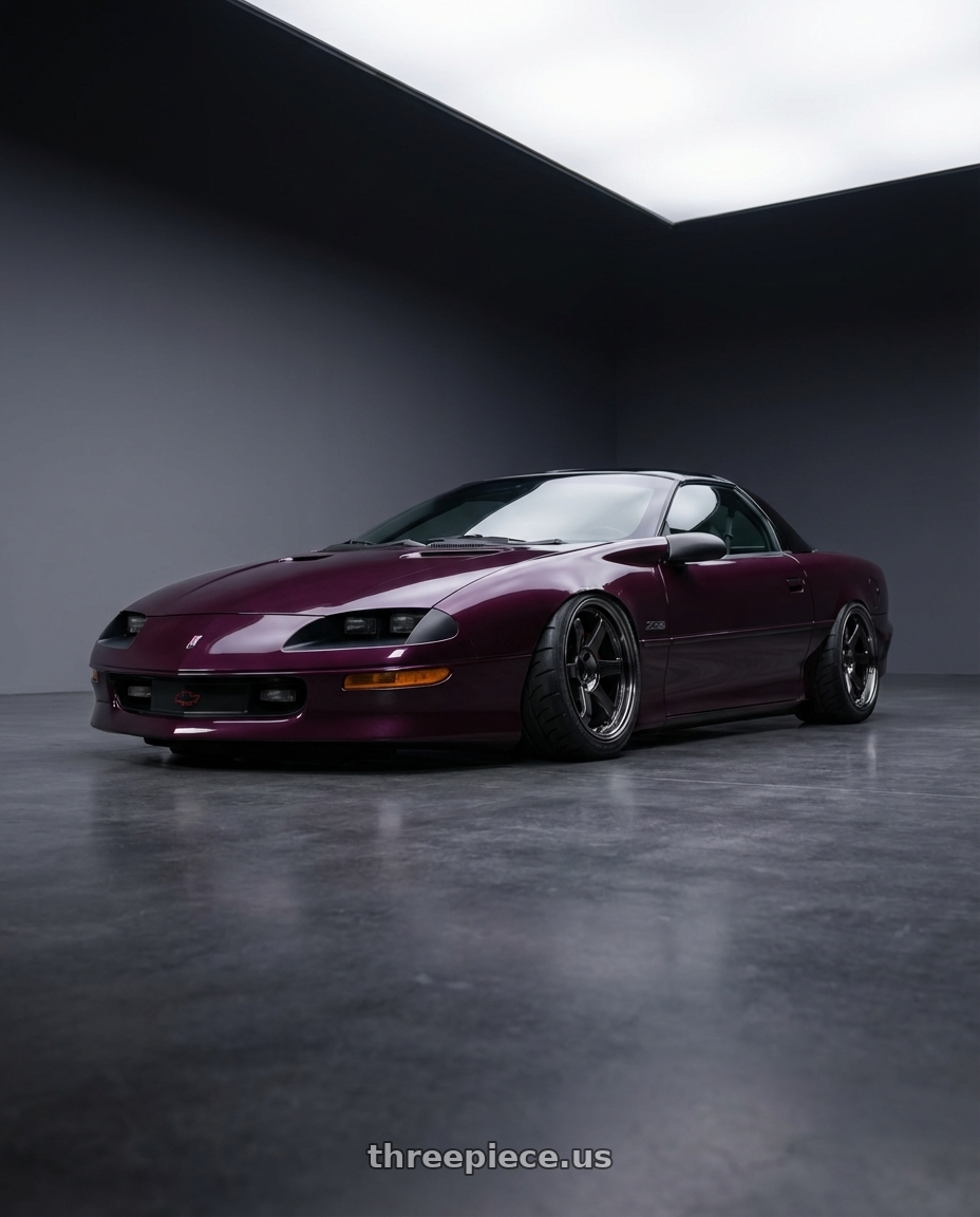 1995 Chevy Camaro z28 with Volk Racing TE37SL 5x114.3 19x10.5+12 Pressed Double Black wheels front three quarter view stanced stance