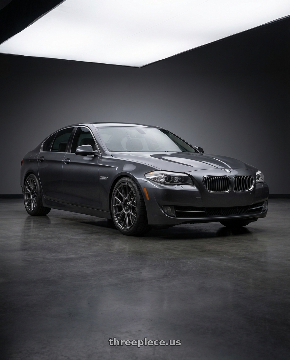 2016 BMW 5 Series F10 with Konig Ampliform 5x120 19x8.5+32 Dark Metallic Graphite wheels front three quarter view lowered stance