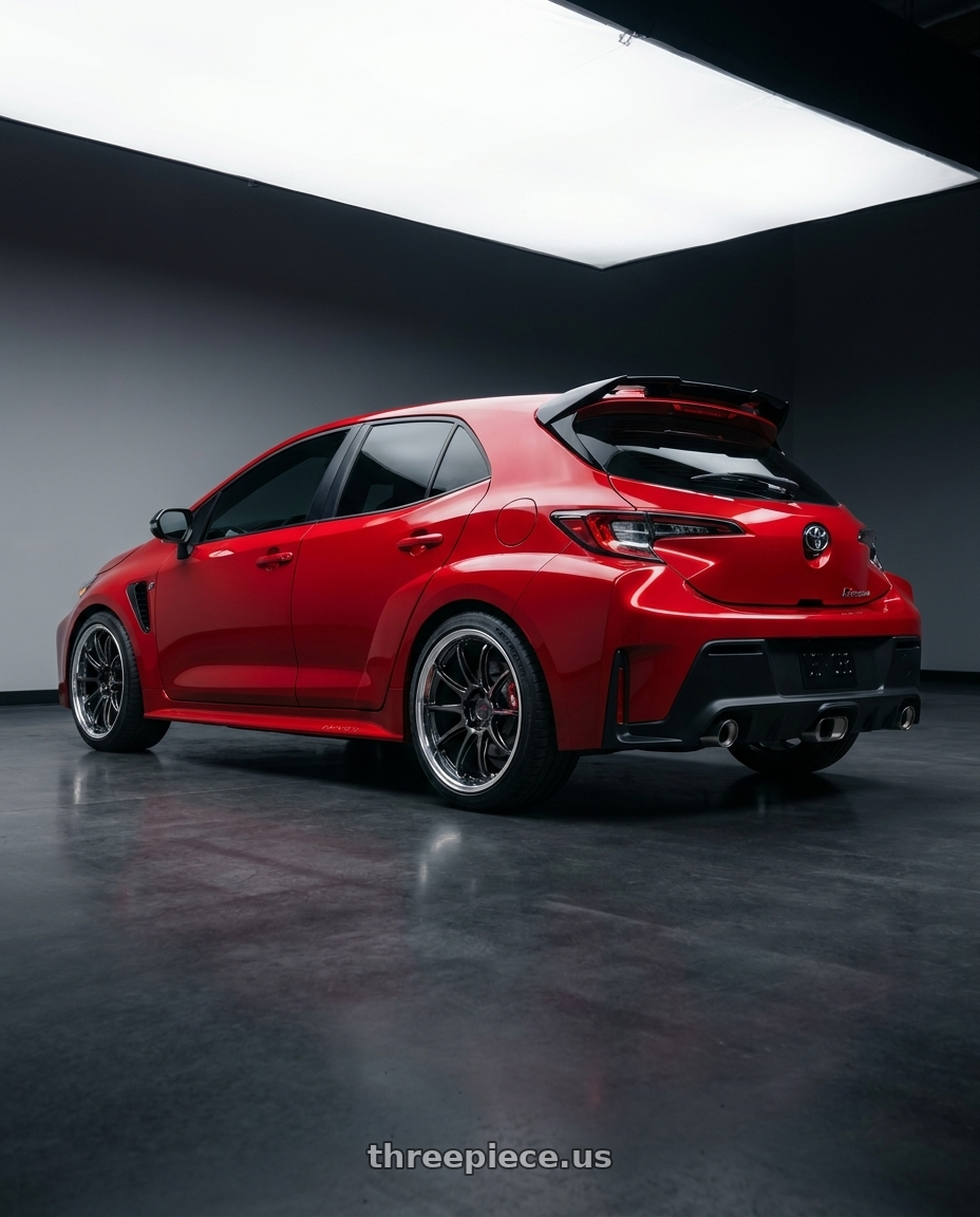 2026 Toyota GR Corola with Work Zr10 2P 5x114.3 20x8.5 +22 Glim Black wheels rear three quarter view square tires