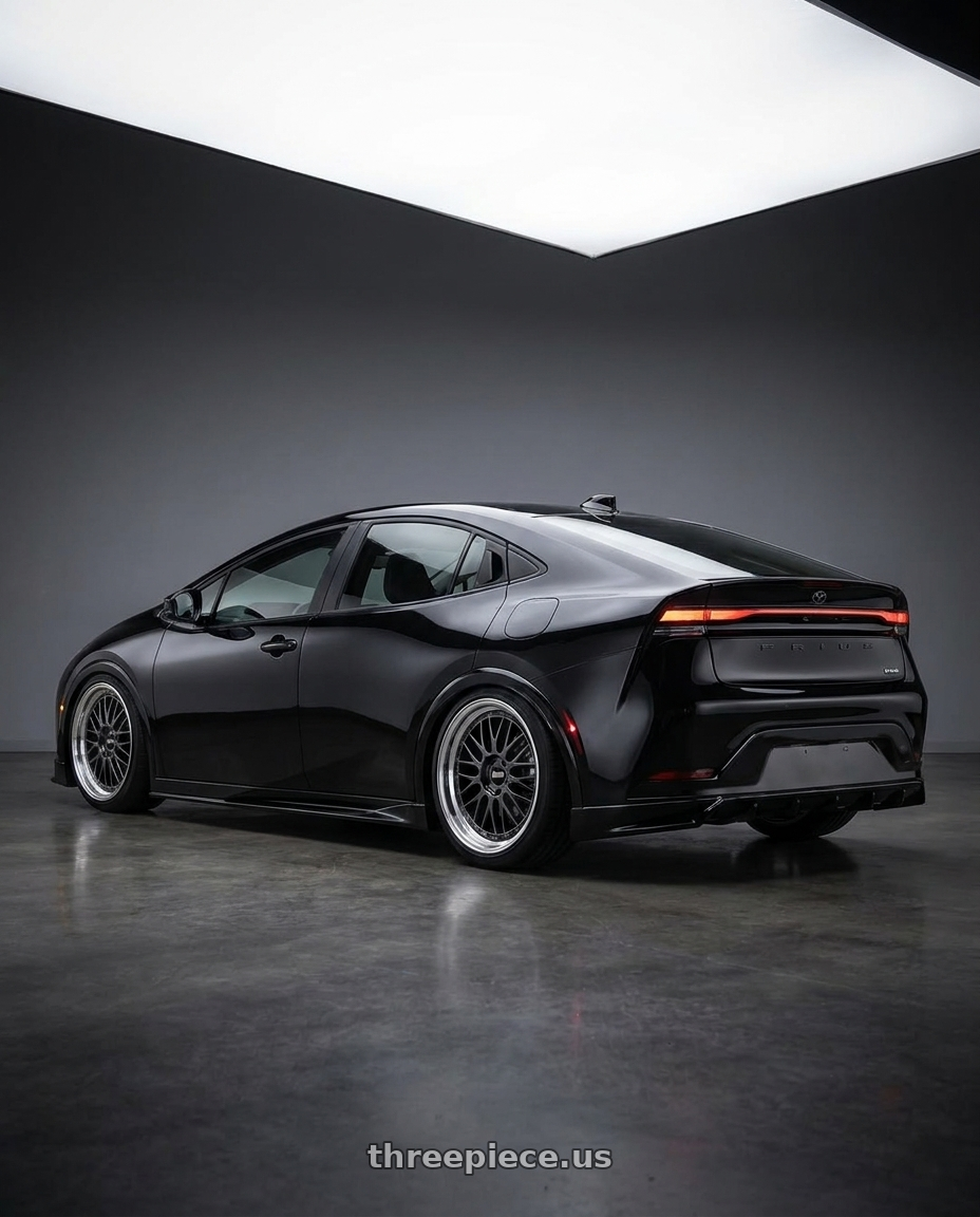 2025 Toyota prius with BBS LM 5x114.3 17x7.5+38 Diamond Black wheels rear three quarter view square tires