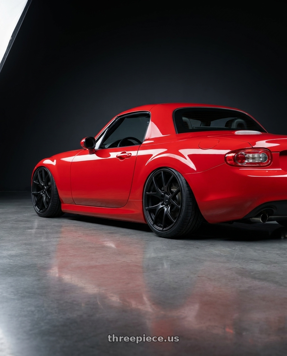 2012 Mazda MX-5 Miata NC with Ssr Gtv03 5x114.3 17x7+42  FLAT BLACK wheels rear three quarter view slight stretch tires