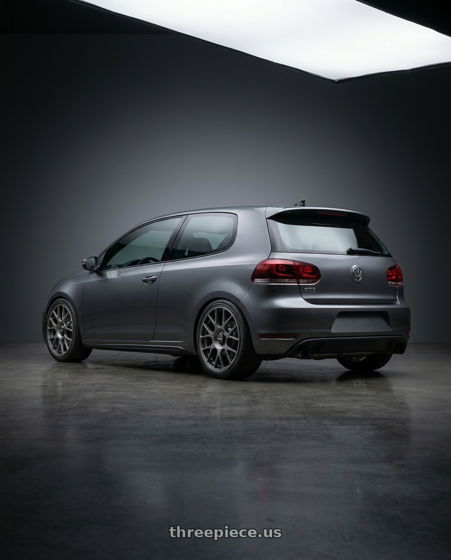 2013 Volkswagen GTI MK6 with fifteen52 APEX 5x112 / 5x120 18x8.5 +35 FROSTED GRAPHITE (SATIN GREY) wheels rear three quarter view square tires