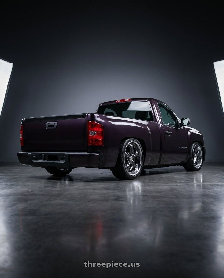 2008 chevy silverado  with Work Wheels VS-KF 5X114.3 19x7.5-24 Brilliant Silver Black R Disk FULL REVERSE wheels rear three quarter view slight stretch tires