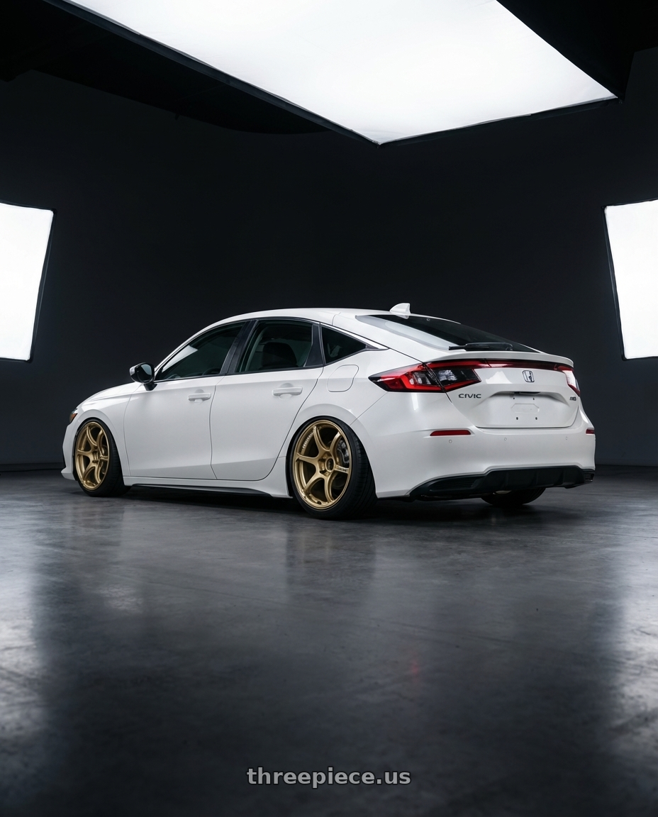 2024 Honda Civic with Advan RGIII 5x114.3 19x9.0+25 Gold wheels rear three quarter view slight stretch tires