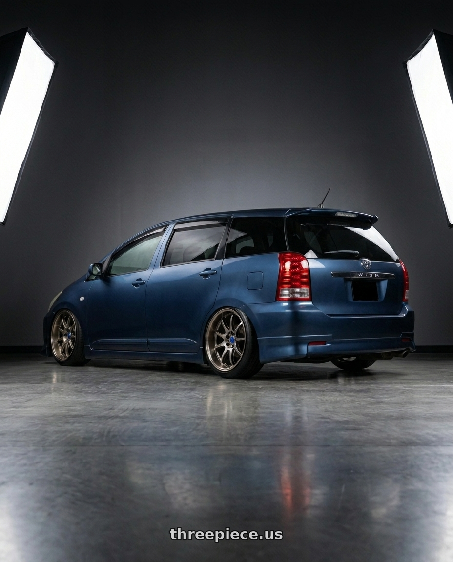 2008 TOYOTA WISH , mint candy with Work Emotion D9r 5x100 18x8.5 +47 Gt Silver Rim Cut wheels rear three quarter view slight stretch tires