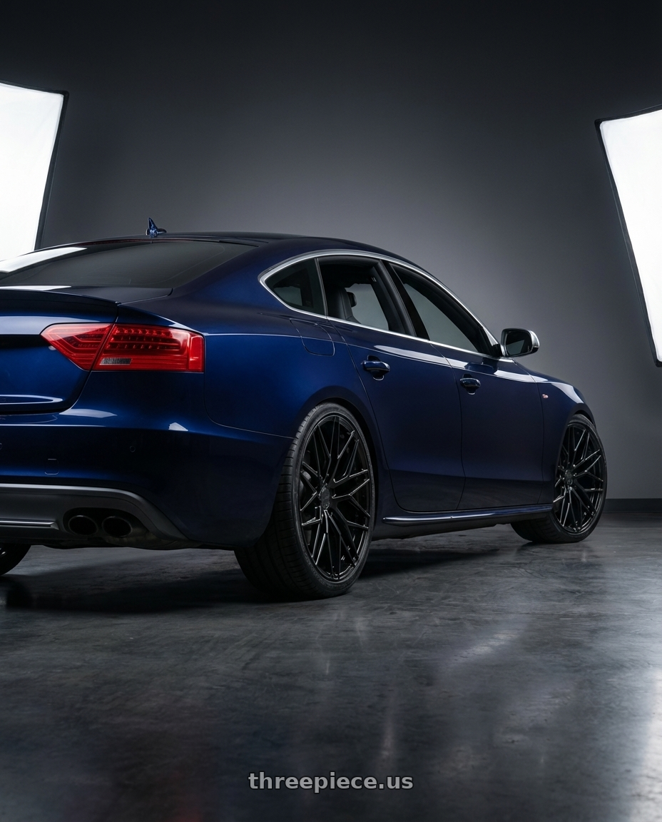 2014 Audi S5 B8 with Avant Garde Wheels M520R 5X112 19x9.5 +40 Gloss Black wheels rear three quarter view square tires