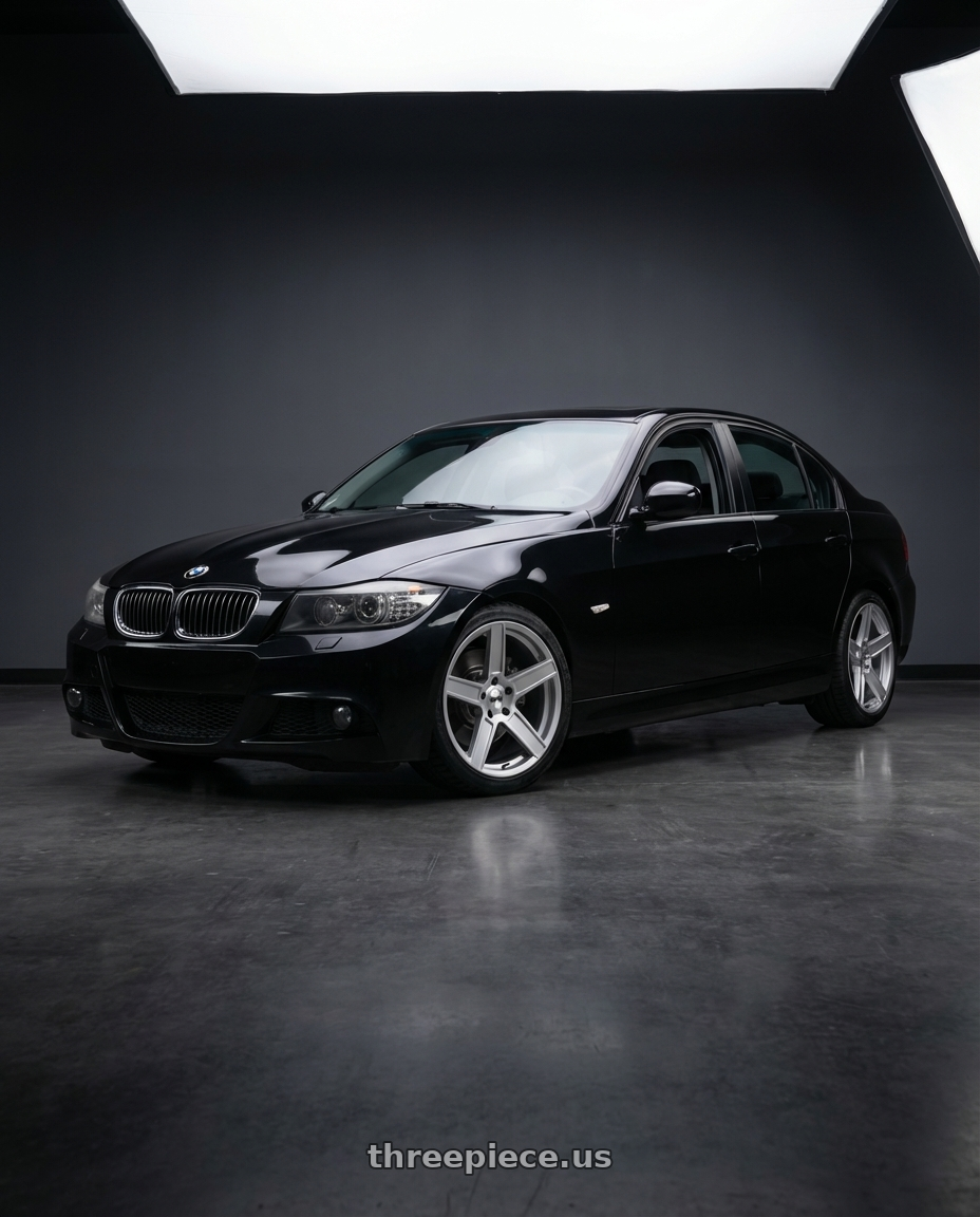 Bmw 325i e90 2011 black  with TSW ASCENT 5X120 17X8 +35 MATTE TITANIUM SILVER wheels front three quarter view stock stance
