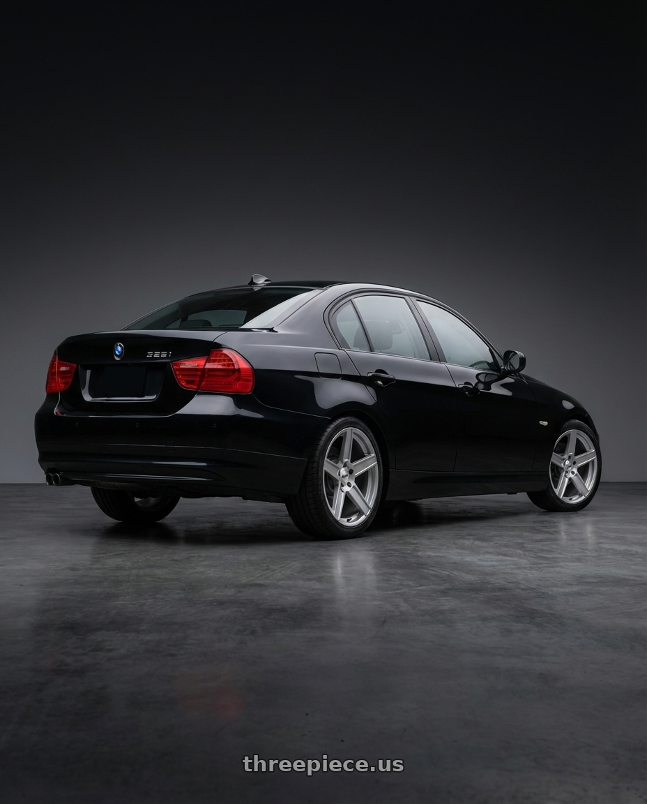 Bmw 325i e90 2011 black  with TSW ASCENT 5X120 17X8 +35 MATTE TITANIUM SILVER wheels rear three quarter view square tires