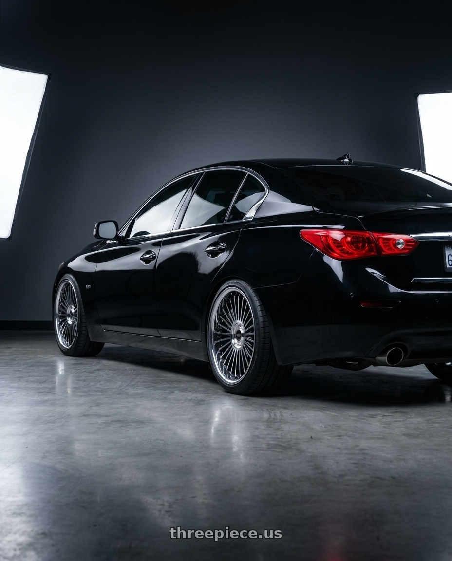 2015 INFINITI Q50 with Work Emitz Black Polish 5x114.3 19x10.0 +38 wheels rear three quarter view square tires