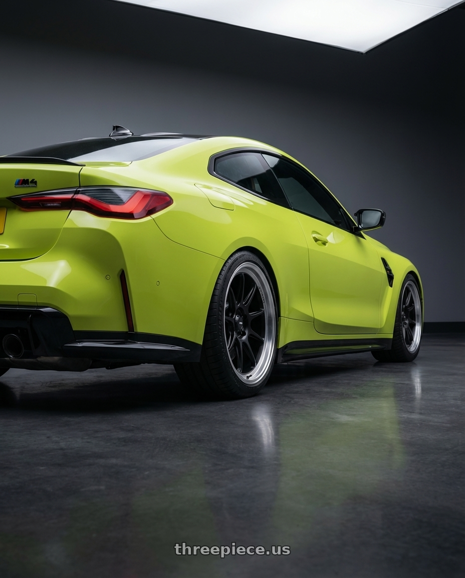 2024 BMW M4 G82 with Konig Countergram 5x112 19x11+40 Matte Black / Matte Machined Lip wheels rear three quarter view square tires