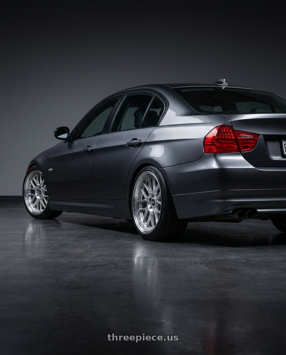 2011 bmw 328xi with ESR Wheels CS18 5x120 18x9.5 +35 Hyper Silver wheels rear three quarter view square tires