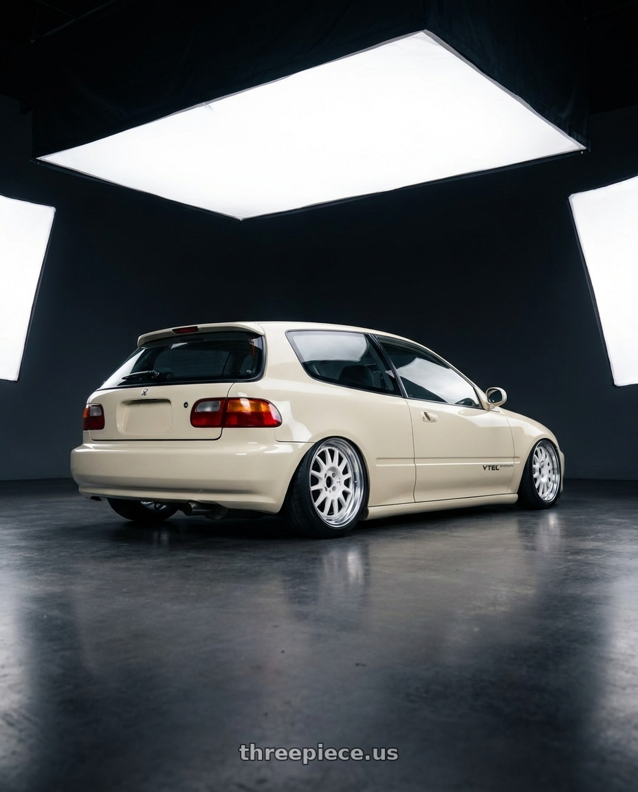 1992 honda civic hatchback with WedsSport Racing 2-Piece 4x100 15x7.0+38 White wheels rear three quarter view square tires