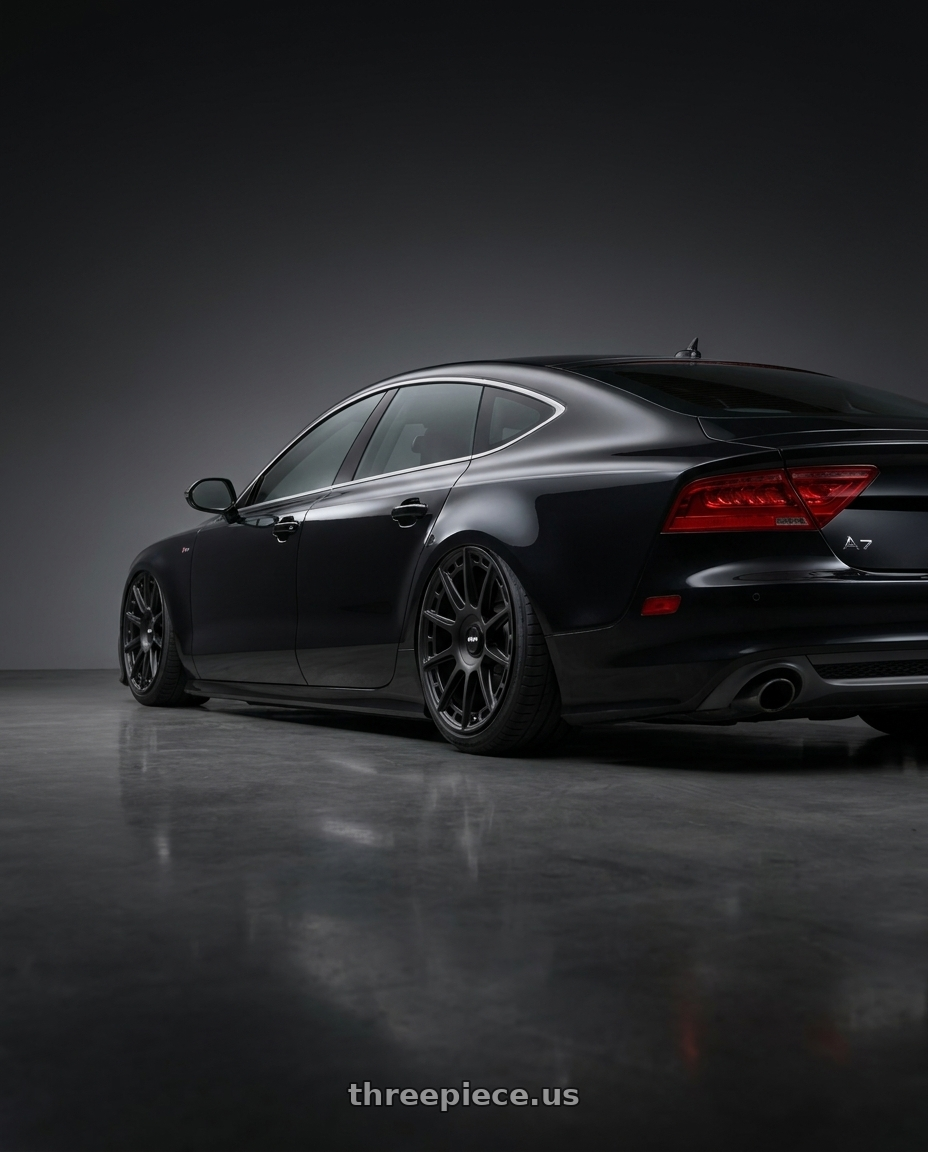 2012 audi A7 with Rotiform 1PC R159 OZR 5X112/5X120 20X9 +25 MATTE BLACK wheels rear three quarter view square tires