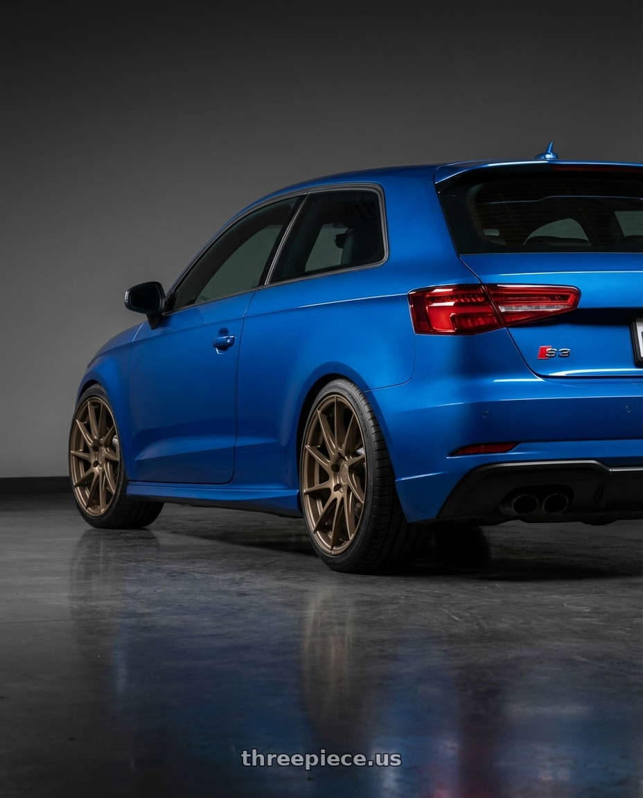 2019 Audi S3 8V with Aodhan AH09 5x112 18x8.5 +35 Matte Bronze wheels rear three quarter view square tires