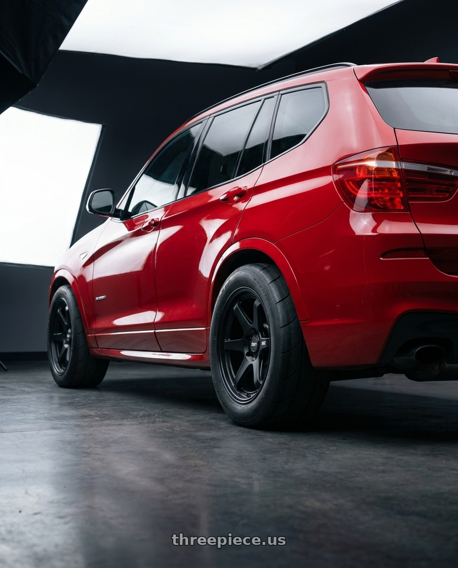 2017 x3 Msport with ESR Wheels APEX SERIES AP6 5x114.3 18x9.5 +22 Matte Black wheels rear three quarter view excessive tires
