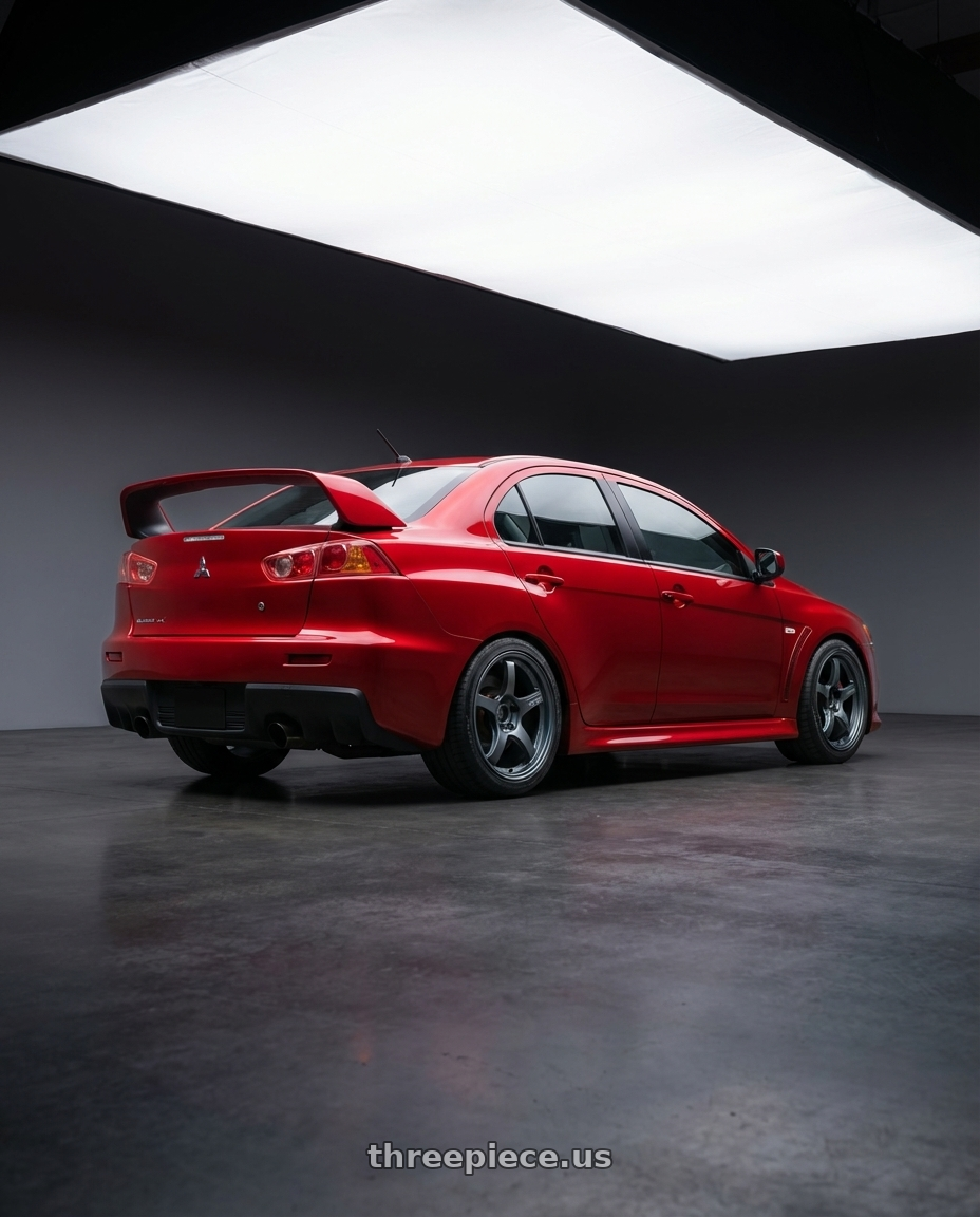 2012 Mitsubishi Lancer Evo X with Gram Lights 57CR 5x114.3 18x9.5+22 Gunblue II wheels rear three quarter view square tires