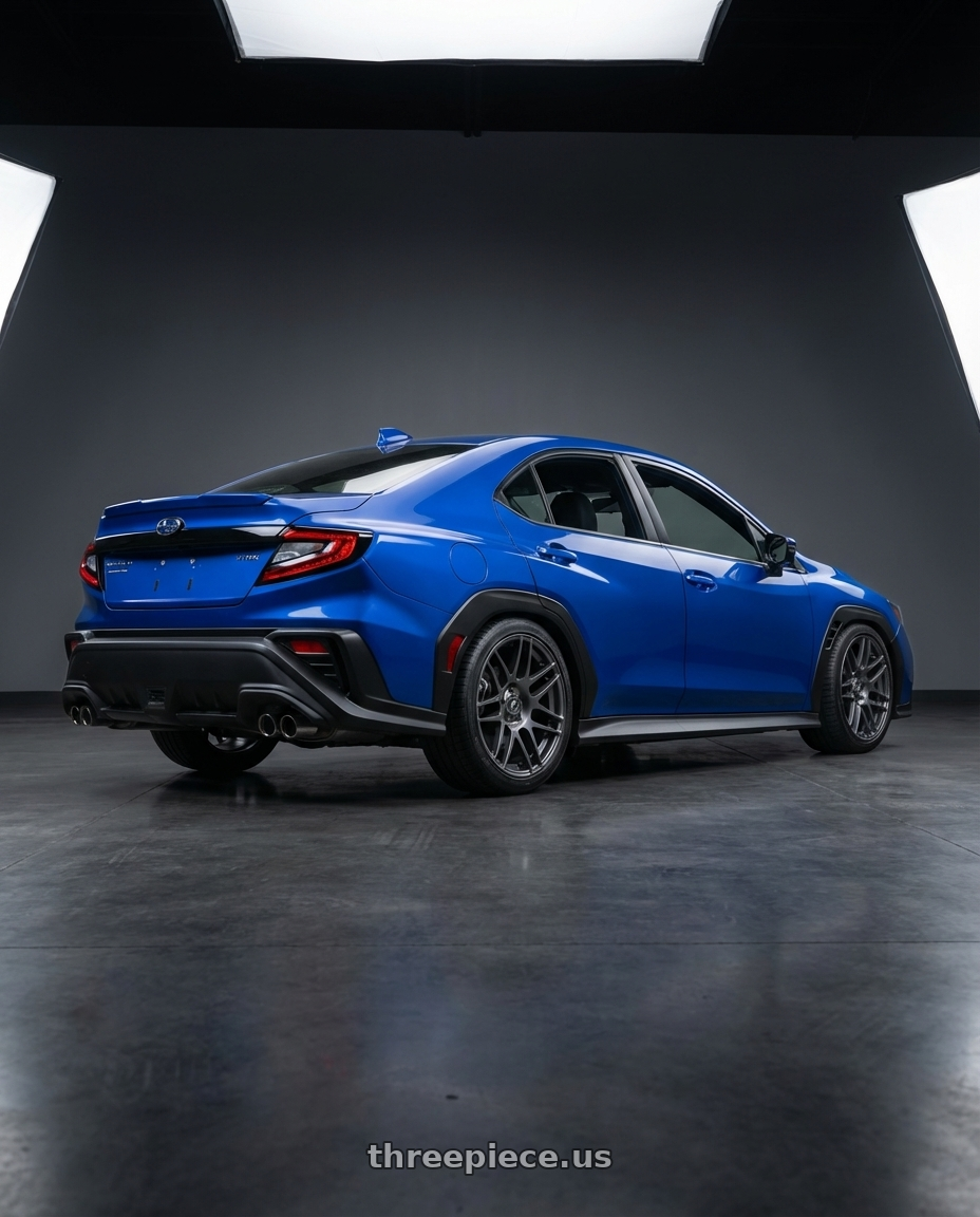 2024 Subaru WRX with Forgestar F14 Drag 5x114.3 18x5 -23 Gloss Anthracite wheels rear three quarter view square tires