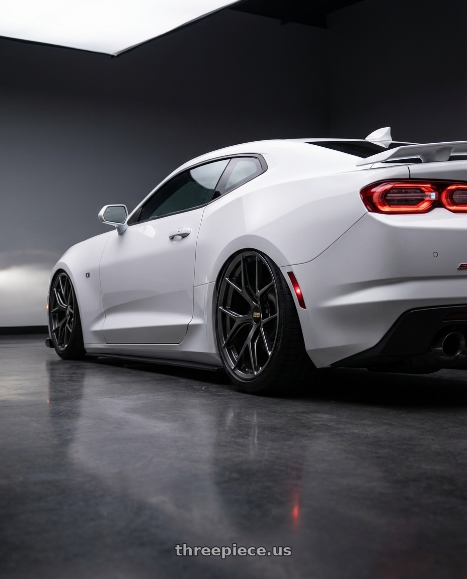 2022 Chevrolet Camaro with BBS FI-R 5x120 20x10.5+35 Diamond Black wheels rear three quarter view slight stretch tires