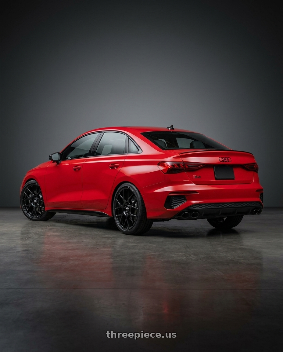 2025 Audi S3 with BBS XR 5x112 18x8.0+44 Gloss Black wheels rear three quarter view square tires