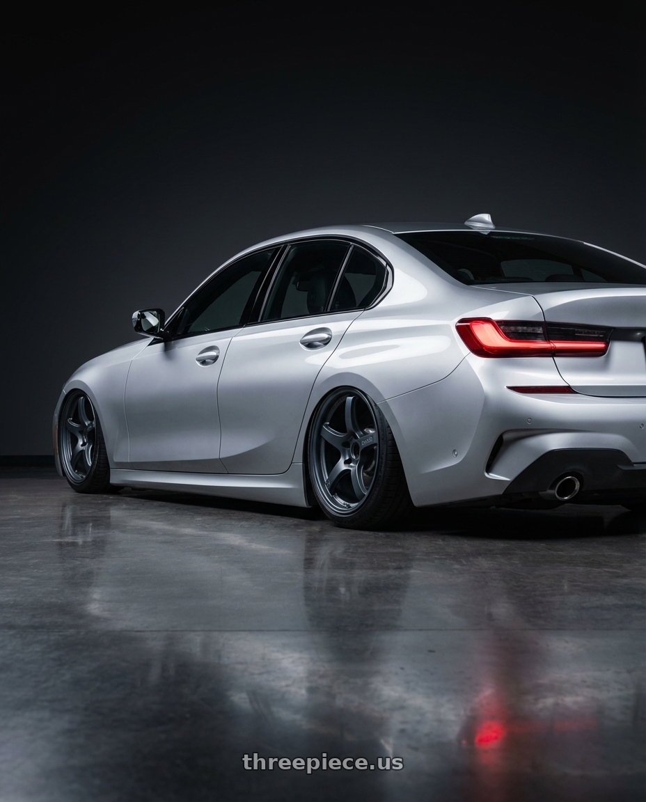 2023 BMW 3 Series G20 with Gram Lights 57CR 5x112 19x10.5+35 Gunblue II wheels rear three quarter view slight stretch tires