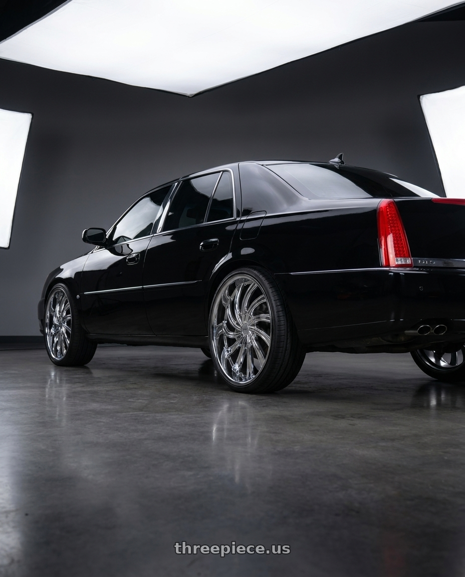 2009 cadillac dts platinum edition with ECLIPSE 104 5X114.3/5X120 22x9 +38 CHROME wheels rear three quarter view slight stretch tires