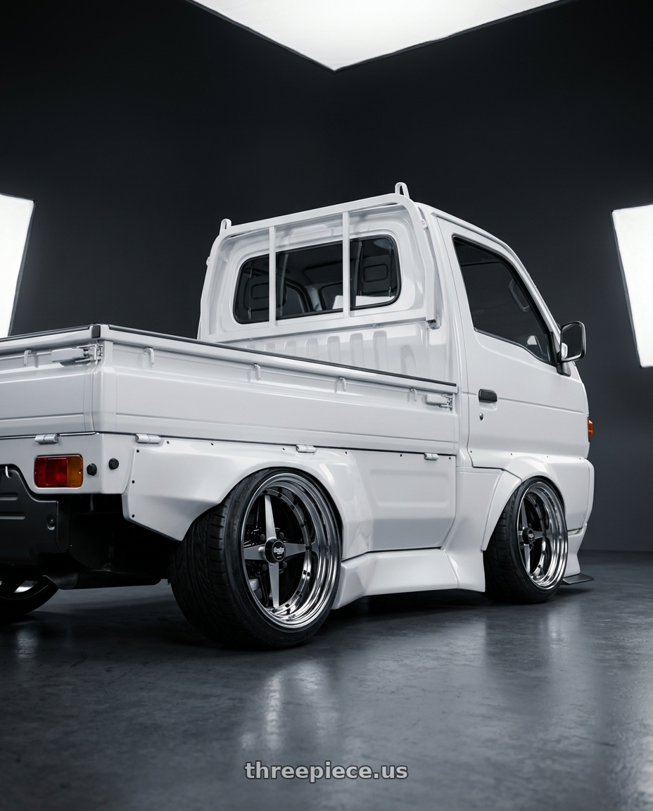 1995 Suzuki Carry with Equip 01 Black Polish 4x100 15x13 -16 wheels rear three quarter view extreme stretch tires