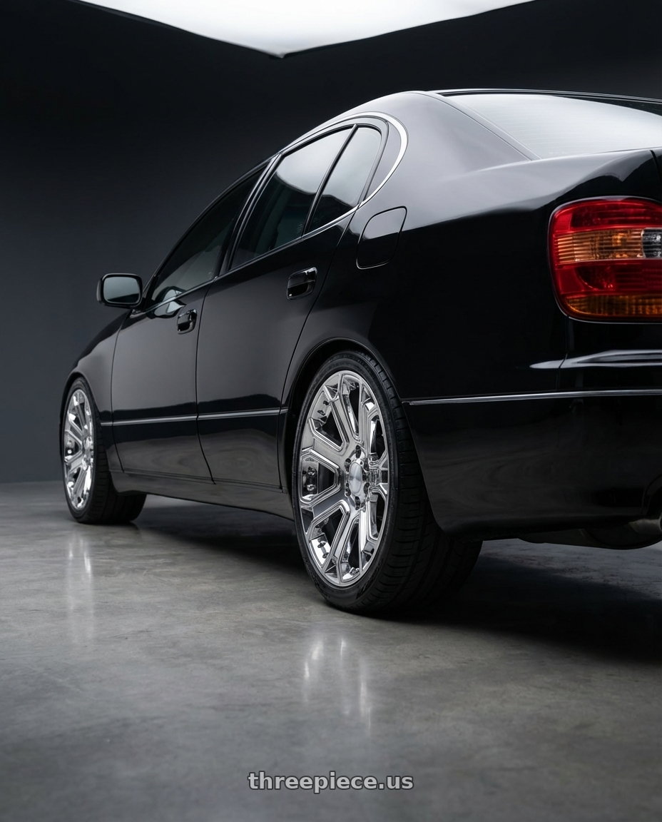 2003 lexus gs300 sport design with OEP 166C 6x139.7 22x9 +24 Chrome wheels rear three quarter view square tires