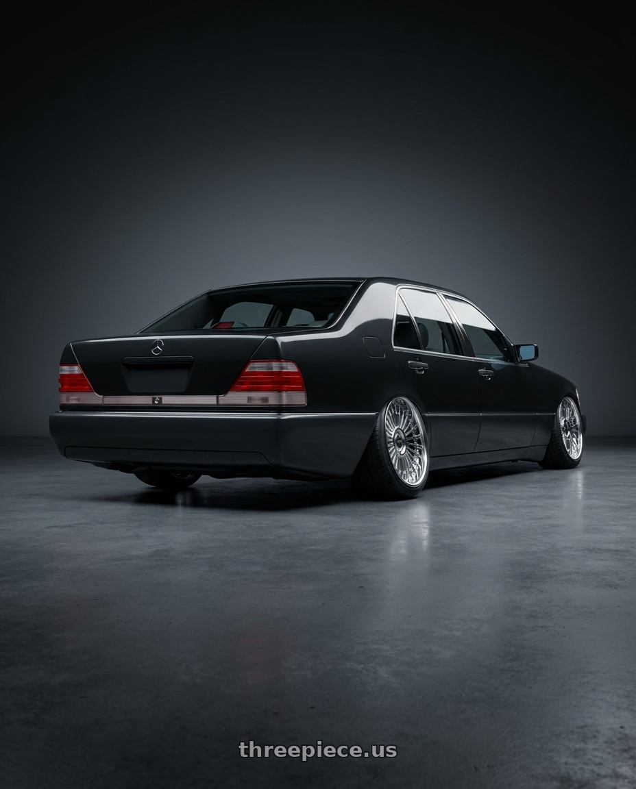 1994 Mercedes Benz w140 s500 with Work Emitz 5x112 Chrome 20x8.5 +45 wheels rear three quarter view slight stretch tires