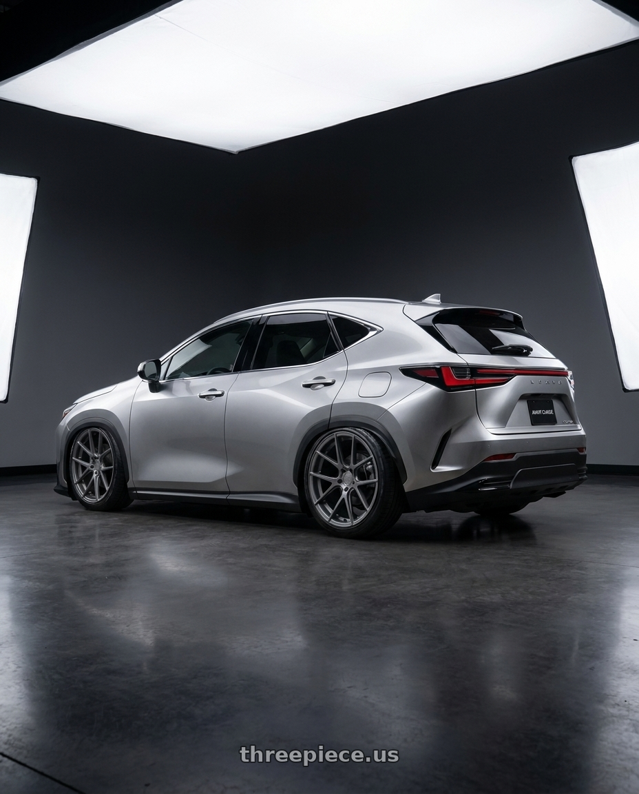 2025 Lexus Nx with Avant Garde Wheels M510 5X130 19x11 +52 Dolphin Grey wheels rear three quarter view slight stretch tires