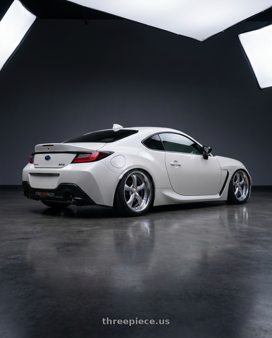 2025 subaru brz with Work Wheels VS-KF 5x100 18x8.5+40 Light Grey Silver O Disk FULL REVERSE wheels rear three quarter view square tires