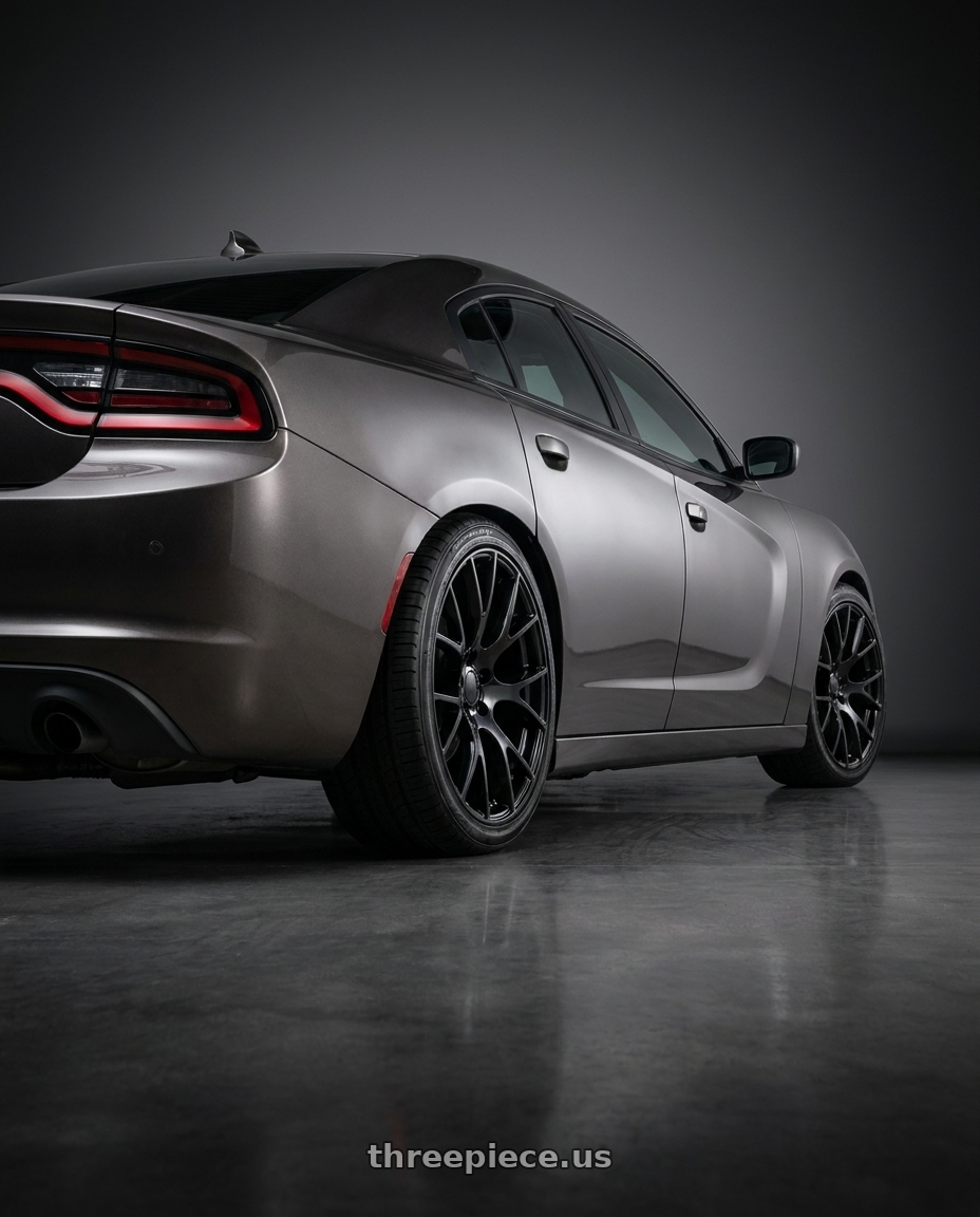 2021 Dodge Charger SXT with Performance Replicas PR161 5X115 20X10 +18 GLOSS BLACK wheels rear three quarter view square tires