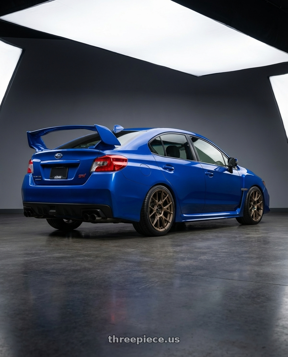 2018 Subaru WRX STI with Konig Ampliform 5x114.3 18x9.5+25 Gloss Bronze wheels rear three quarter view square tires
