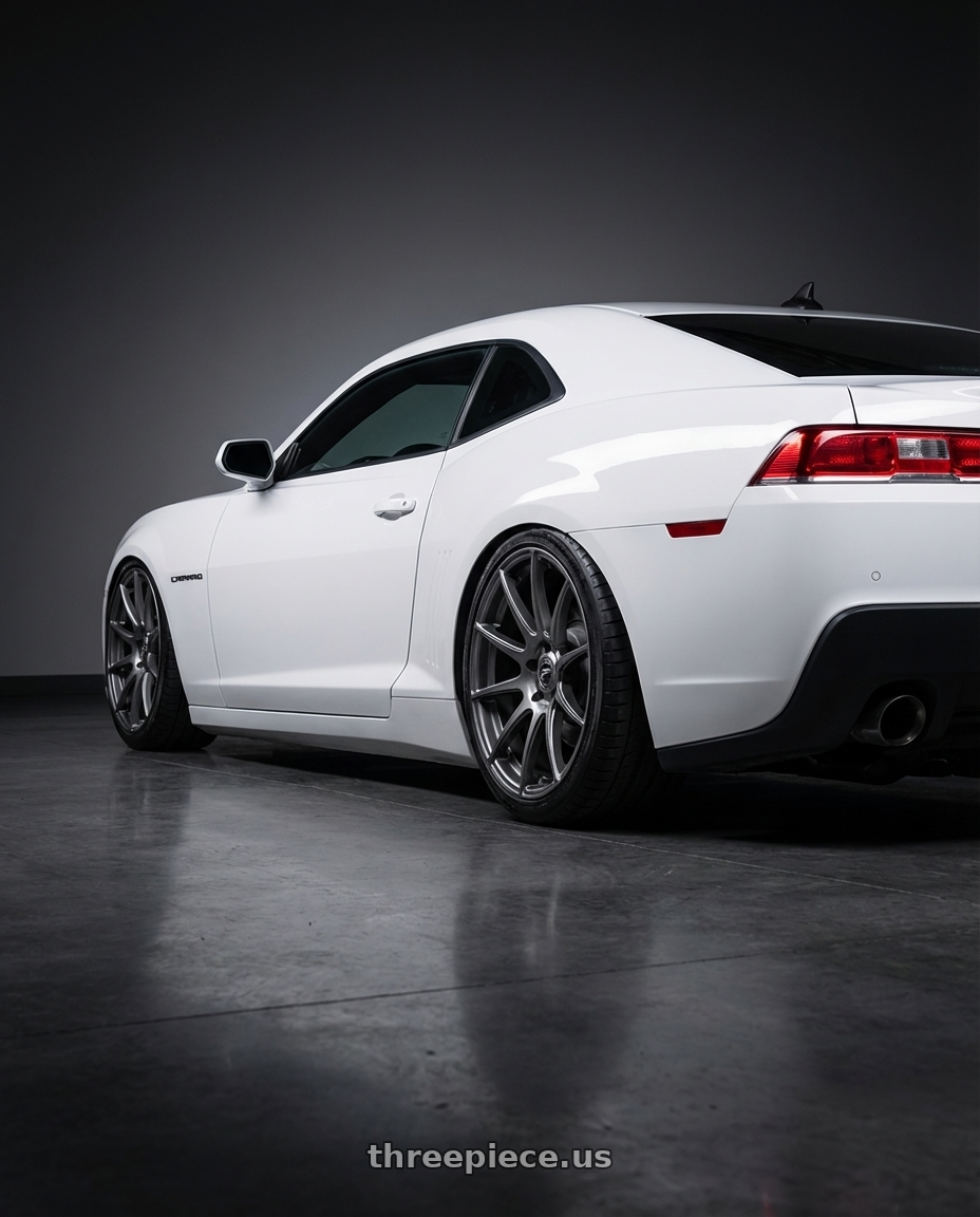 2014 Chevrolet Camaro 5th Gen with Forgestar CF10 5x120 20x9 +38 Gloss Anthracite wheels rear three quarter view slight stretch tires