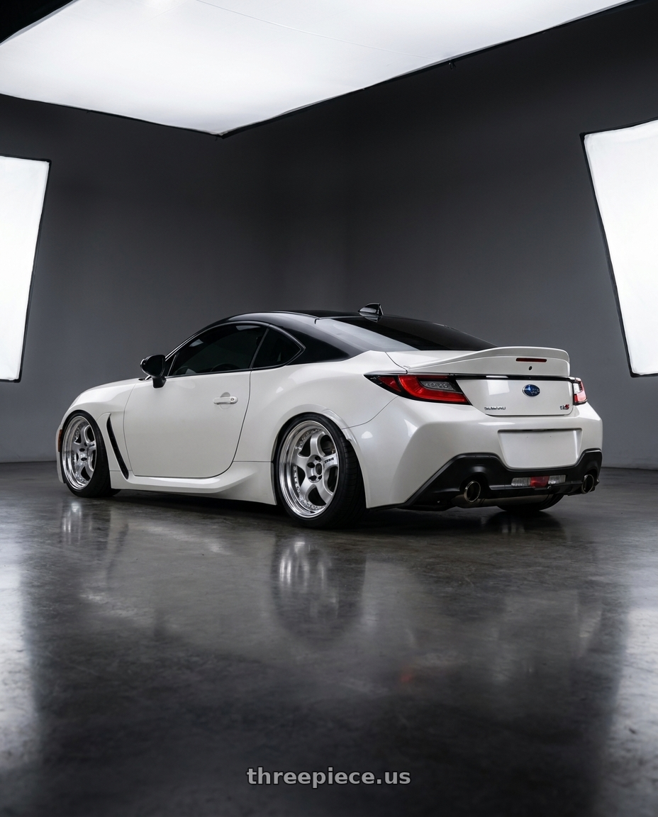 2025 Subaru brz ts with Work Meister S1 3P 5x100 18x9.5+35 L Disk Silver wheels rear three quarter view slight stretch tires