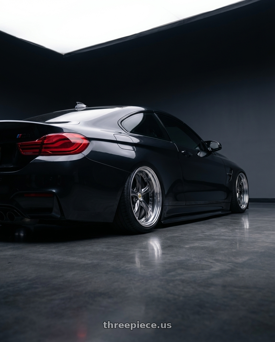2018 BMW M4 with Work Wheels VS-KF 5X114.3 19x7.5+34 Brilliant Silver Black A Disk FULL REVERSE wheels rear three quarter view extreme stretch tires