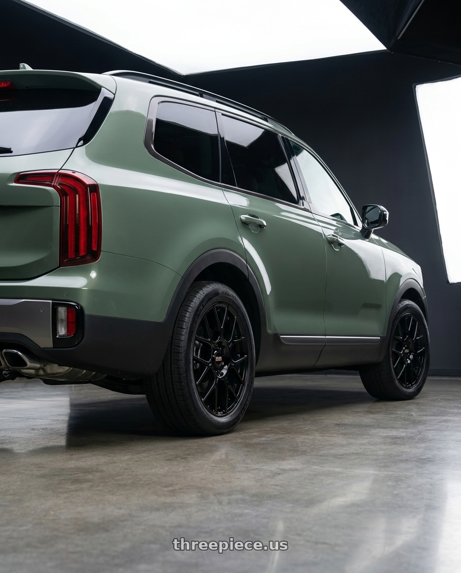 2024 Kia Telluride with BBS XR 5x114.3 18x8.0+40 Gloss Black wheels rear three quarter view square tires