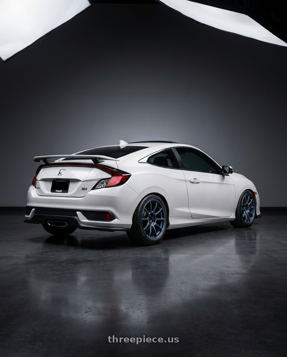 2020 Honda civic si coupe platinum white with Volk Racing ZE40 M-SPEC 5x114.3 18x9.5 +35 MATTE BLUE GUNMETAL wheels rear three quarter view slight stretch tires