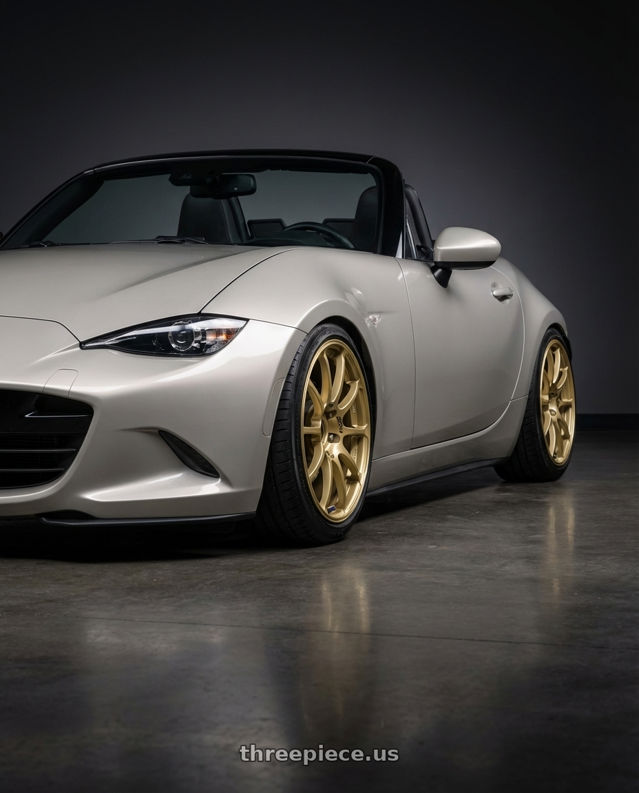 2021 Mazda MX-5 Miata ND with Advan RCIII 5x114.3 17x7+45 Gold wheels front three quarter view stanced stance
