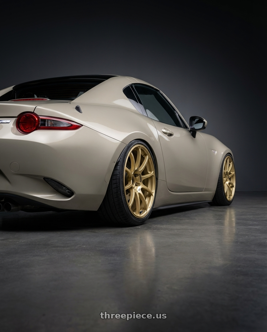 2021 Mazda MX-5 Miata ND with Advan RCIII 5x114.3 17x7+45 Gold wheels rear three quarter view slight stretch tires