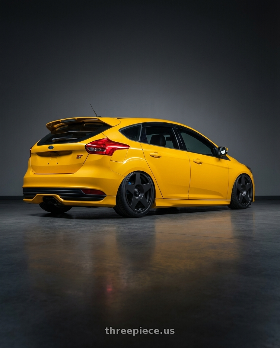 2017 ford focus st with fifteen52 TARMAC 5x108 18x8.5 +42 ASPHALT BLACK (SATIN BLACK) wheels rear three quarter view extreme stretch tires