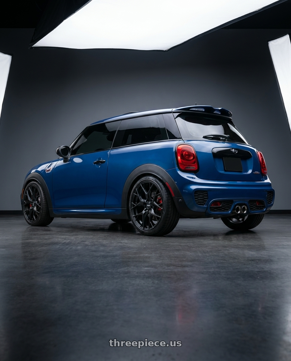 2019 Mini jcw with V�xx Paso 5x112/5x120 18x8+45 Matte Black wheels rear three quarter view square tires