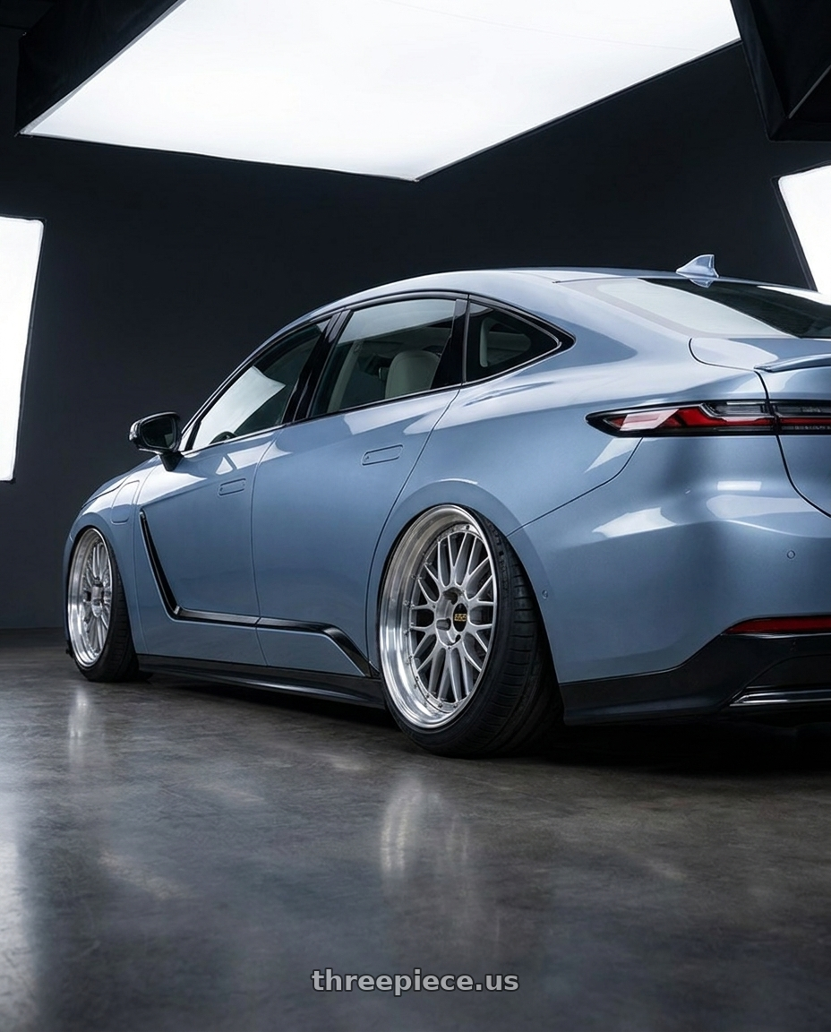 2026 Lexus ES with BBS LM 5x114.3 20x10.0+38 Diamond Silver wheels rear three quarter view slight stretch tires